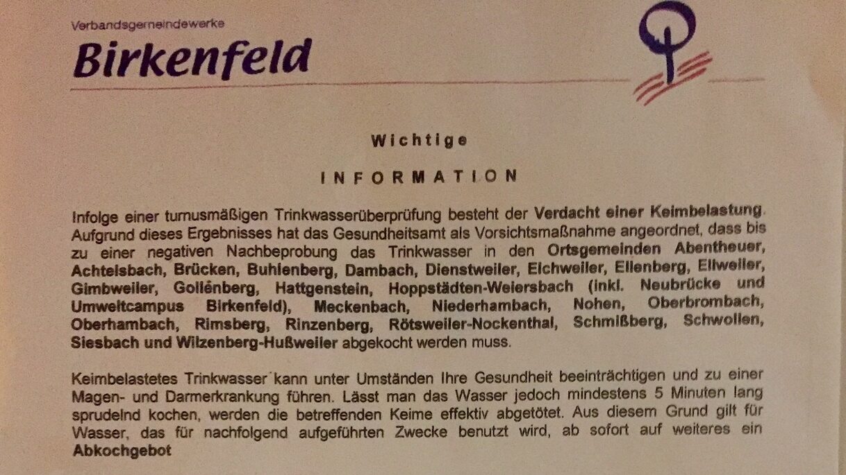 Mit diesem Schreiben informiert die Verbandsgemeinde Birkenfeld die Bürger.